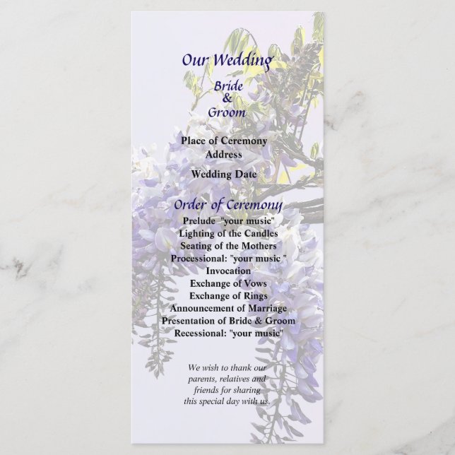 Wisteria Starting to Open Wedding Program Programme (Front)