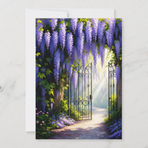 Wisteria vine on nostalgic, victorian garden gate  invitation