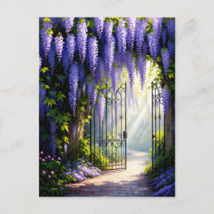 Wisteria vine on nostalgic, victorian garden gate  postcard