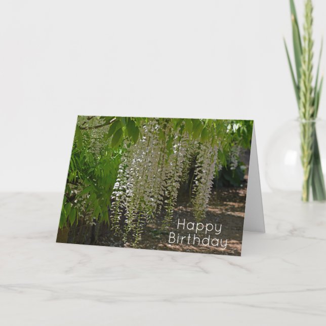 Wisteria White Garden Flowers Happy Birthday Card (Front)