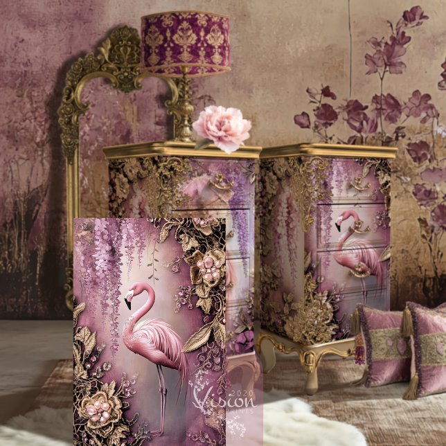 Wisteria Wonder Flamingo Ethereal Floral Tissue Paper (Wisteria Wonder, Flamingo Bird and ethereal floral, dusty mauve and lilac, decoupage tissue paper.)