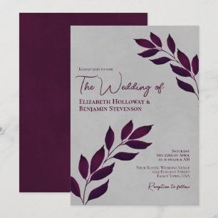 Wistful Cassis Purple Leaves Elegant Grey Wedding Invitation