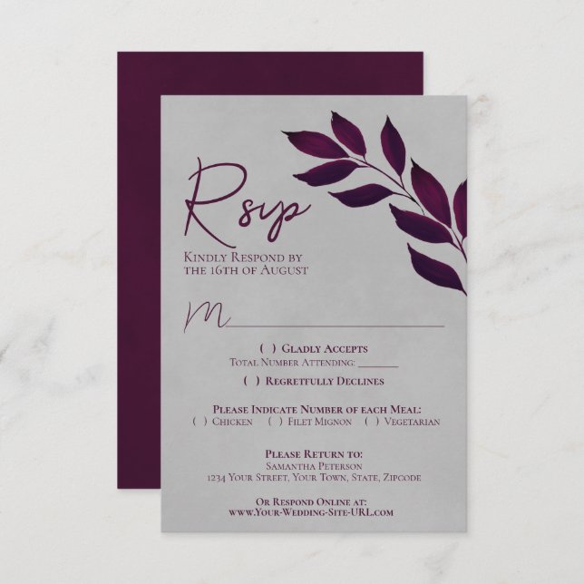 Wistful Leaves Cassis Purple & Grey Wedding RSVP Card (Front/Back)