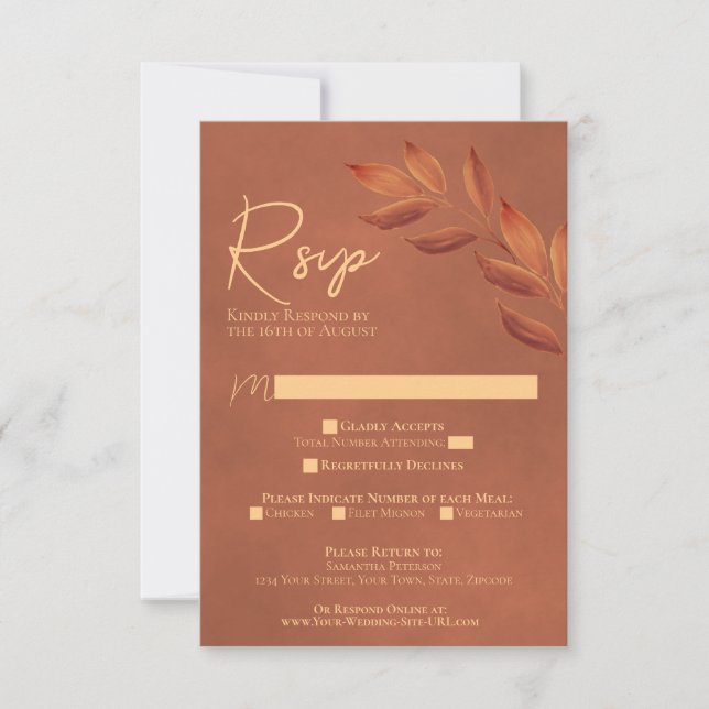 Wistful Leaves Chic Terracotta Watercolor Wedding RSVP Card (Front)