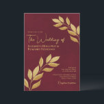 Wistful Leaves Elegant Burgundy & Gold Wedding Invitation<br><div class="desc">These elegant wedding invitations feature a rustic yet modern design with sprigs of hand painted gold watercolor leaves entering from both sides of the card on a marbled burgundy background. The typography is unique and elegant with both left and right justified text. Simple and stylish, these invites are a wonderful...</div>
