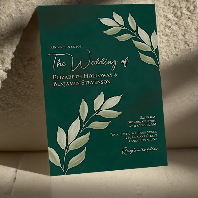 Wistful Leaves Elegant Chic Emerald Green Wedding Invitation (Creator Uploaded)
