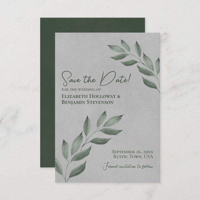 Wistful Leaves Elegant Forest Green & Grey Wedding Save The Date (Front/Back)