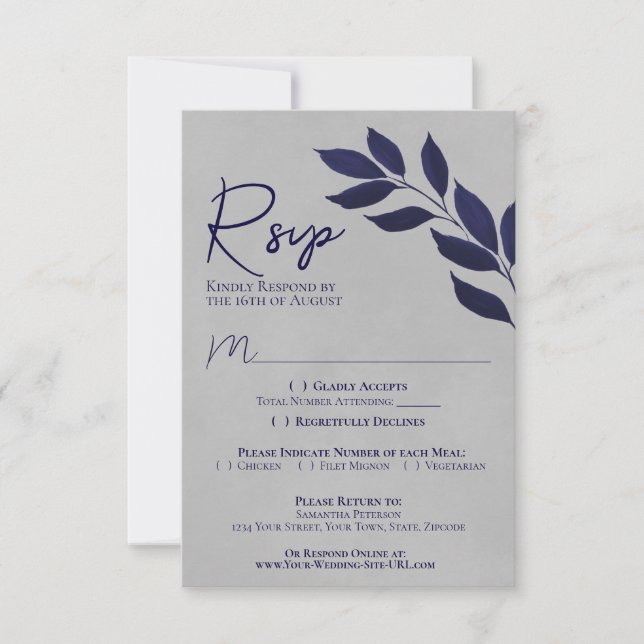 Wistful Leaves Navy Blue & Grey Watercolor Wedding RSVP Card (Front)