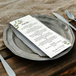 Wistful Leaves Rustic Sage Green Wedding Menu<br><div class="desc">This wedding menu is elegant, rustic, and beautiful. It features a sage green design with wistful hand painted watercolor leaves. The title is written in lacy script calligraphy and there is room for the names of the couple and wedding date below. Simple, modern, and classy, this menu is sure to...</div>