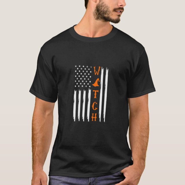 Witch American Flag Distressed Halloween T-Shirt (Front)