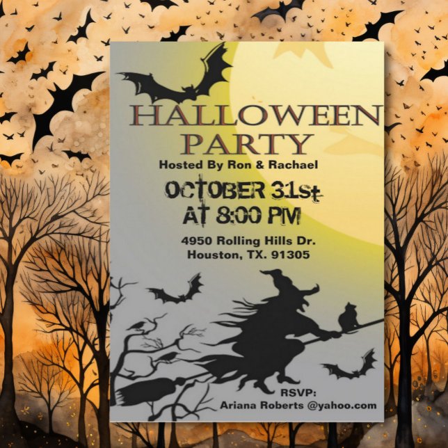 Witch And Bats In Flight Adult Halloween Party  Invitation (Creator Uploaded)