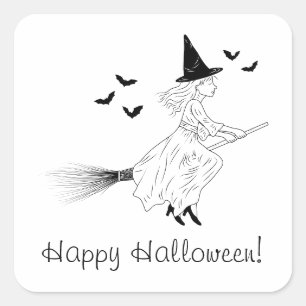 Witch And Bats Line Art Minimal Happy Halloween Square Sticker