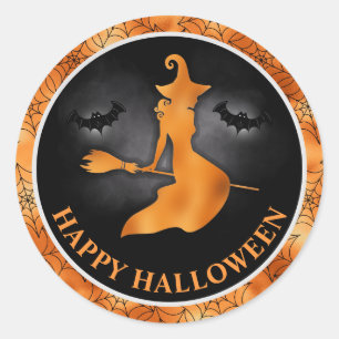Witch and Bats Orange & Black Happy Halloween Classic Round Sticker