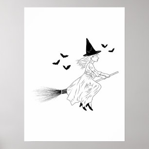 Witch And Bats Simple Line Art Minimal Halloween Poster
