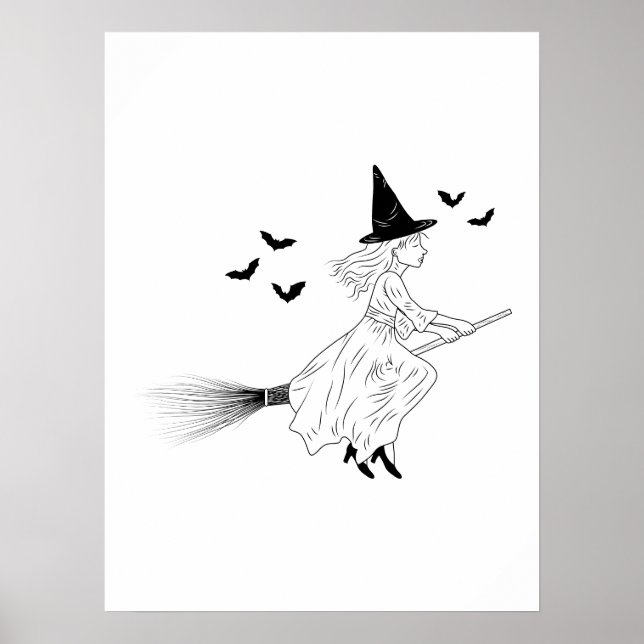 Witch And Bats Simple Line Art Minimal Halloween Poster (Front)