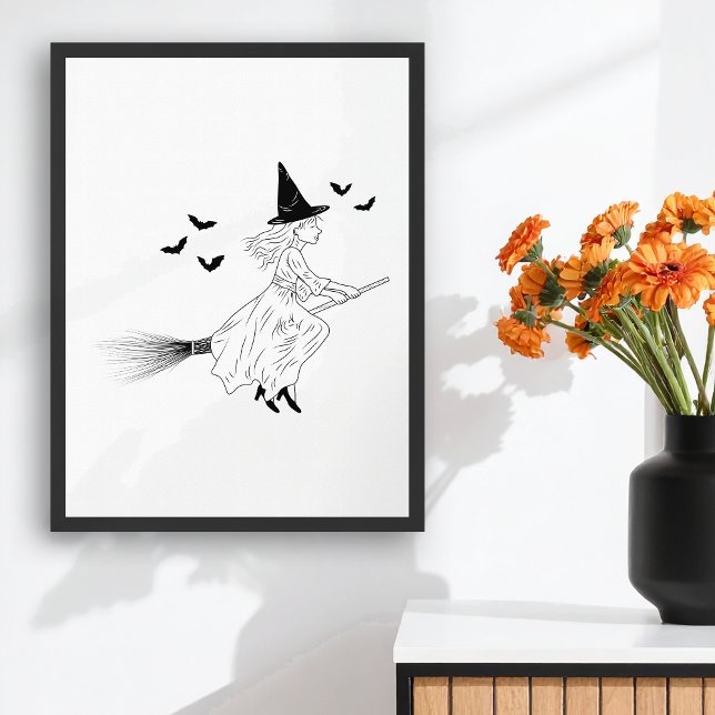 Witch And Bats Simple Line Art Minimal Halloween Poster (Disclaimer: This image is a digital mockup.)