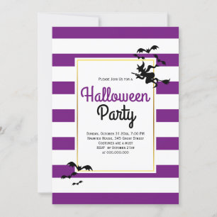Witch and bats stripes purple Halloween party Invitation