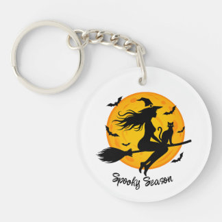 Witch and Black Cat Flying Across Full Moon Key Ring