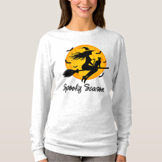 Witch and Black Cat Flying Across Full Moon T-Shirt