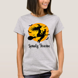 Witch and Black Cat Flying Across Full Moon T-Shirt