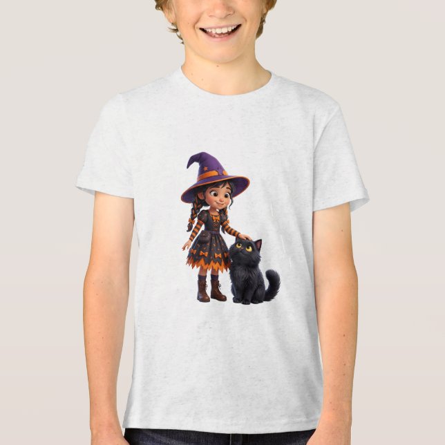 Witch and Black Cat Halloween Witchy Fantasy Tri-Blend Shirt (Front)