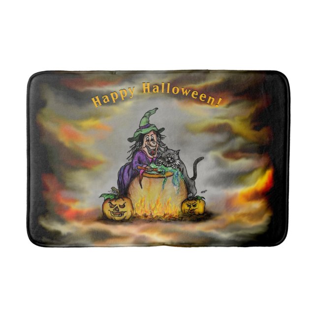 Witch and black Cat, Happy Halloween! Bath Mat (Front)