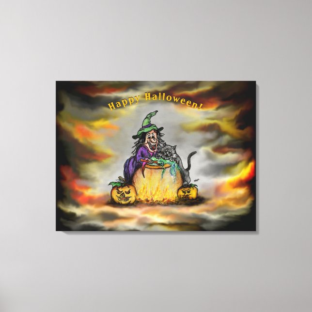 Witch and black Cat, Happy Halloween! Canvas Print (Front)