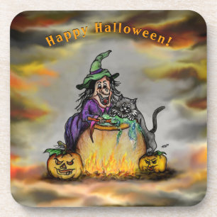 Witch and black Cat, Happy Halloween! Coaster
