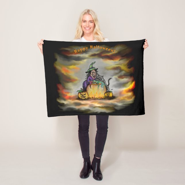 Witch and black Cat, Happy Halloween! Fleece Blanket (In Situ)