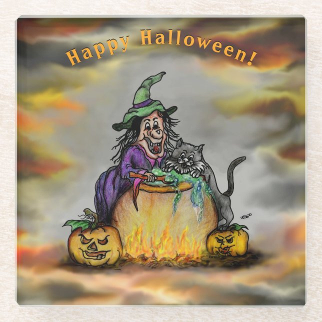 Witch and black Cat, Happy Halloween! Glass Coaster (Front)