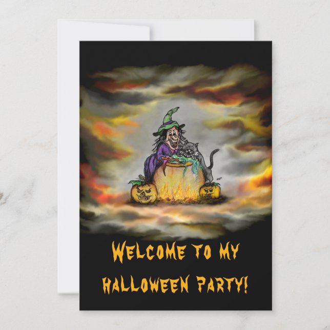 Witch and black Cat, Happy Halloween! Invitation (Front)