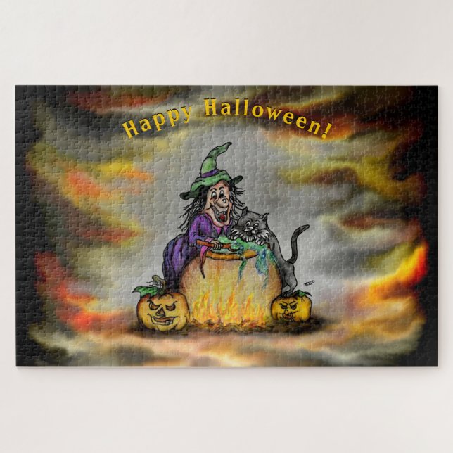 Witch and black Cat, Happy Halloween! Jigsaw Puzzle (Horizontal)