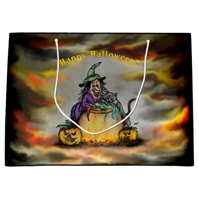 Witch and black Cat, Happy Halloween! Large Gift Bag (Front)
