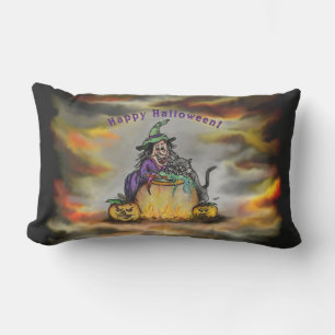 Witch and black Cat, Happy Halloween! Lumbar Cushion