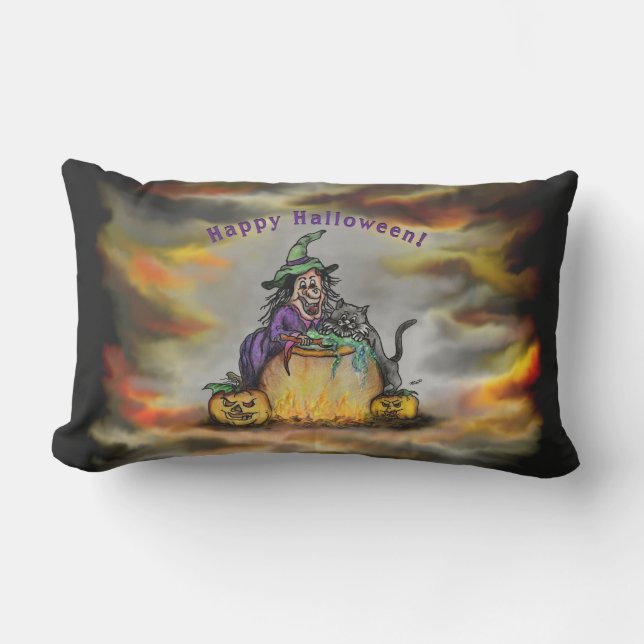 Witch and black Cat, Happy Halloween! Lumbar Cushion (Front)