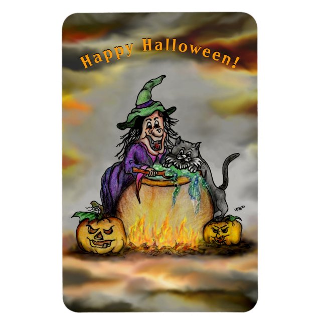 Witch and black Cat, Happy Halloween! Magnet (Vertical)