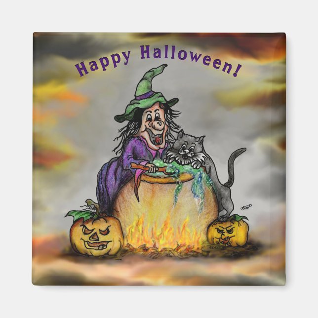 Witch and black Cat, Happy Halloween! Magnet (Front)