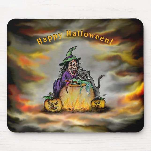 Witch and black Cat, Happy Halloween! Mouse Pad (Front)