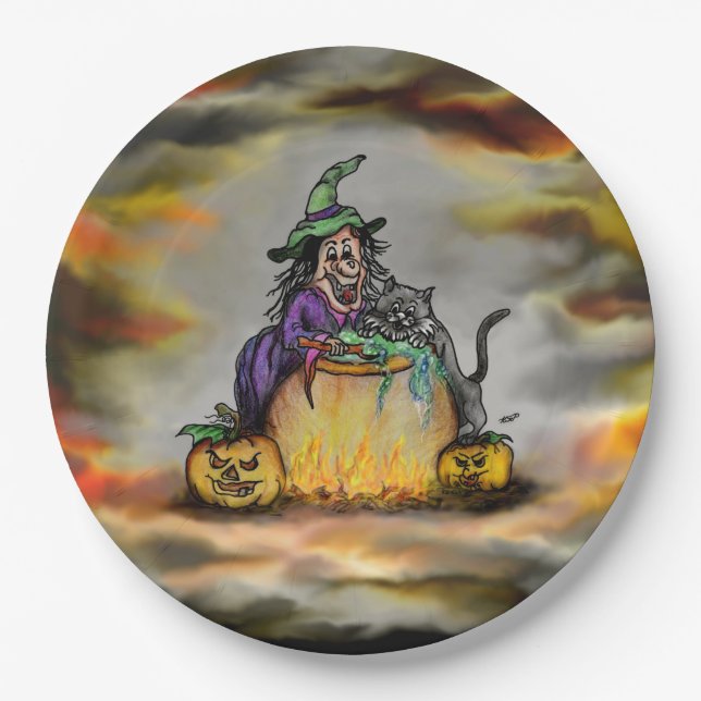Witch and black Cat, Happy Halloween! Paper Plate (Front)
