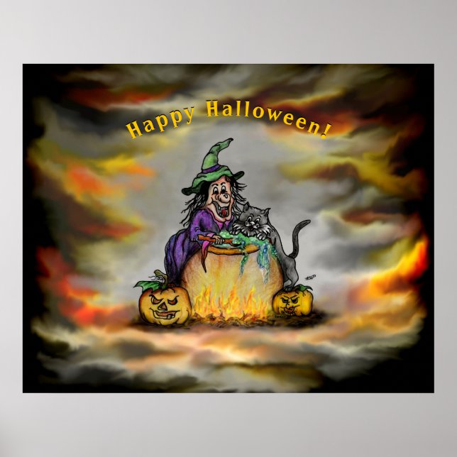 Witch and black Cat, Happy Halloween! Poster (Front)