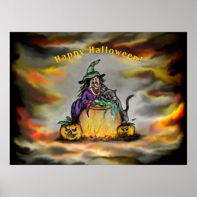 Witch and black Cat, Happy Halloween! Poster (Front)