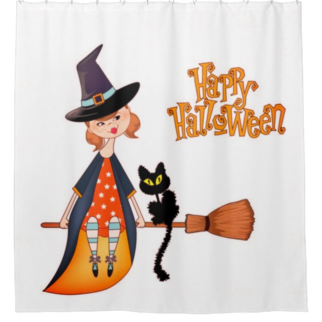 Witch And Black Cat Happy Halloween Shower Curtain (Front)