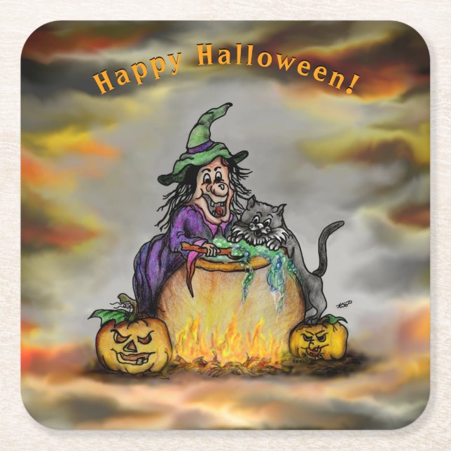 Witch and black Cat, Happy Halloween! Square Paper Coaster (Front)