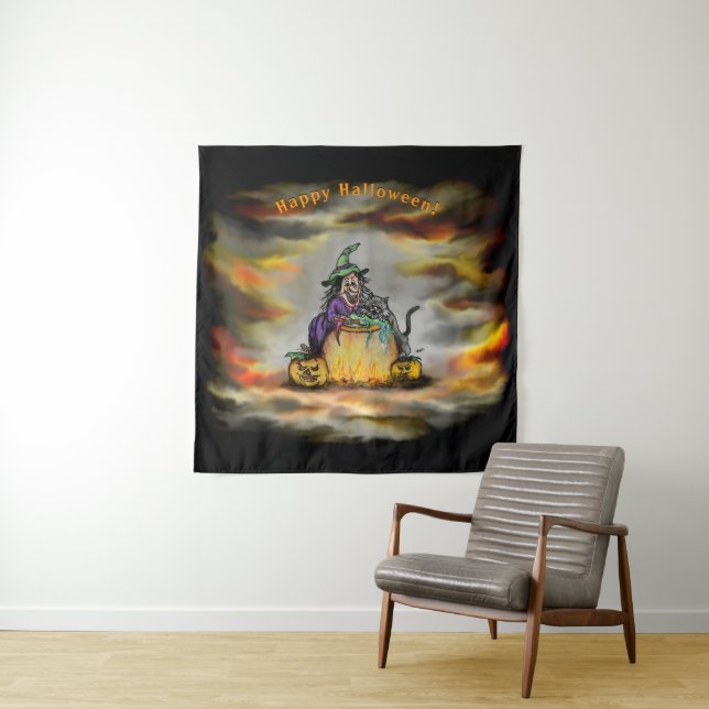 Witch and black Cat, Happy Halloween! Tapestry (In Situ)