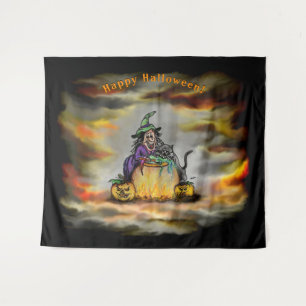 Witch and black Cat, Happy Halloween! Tapestry