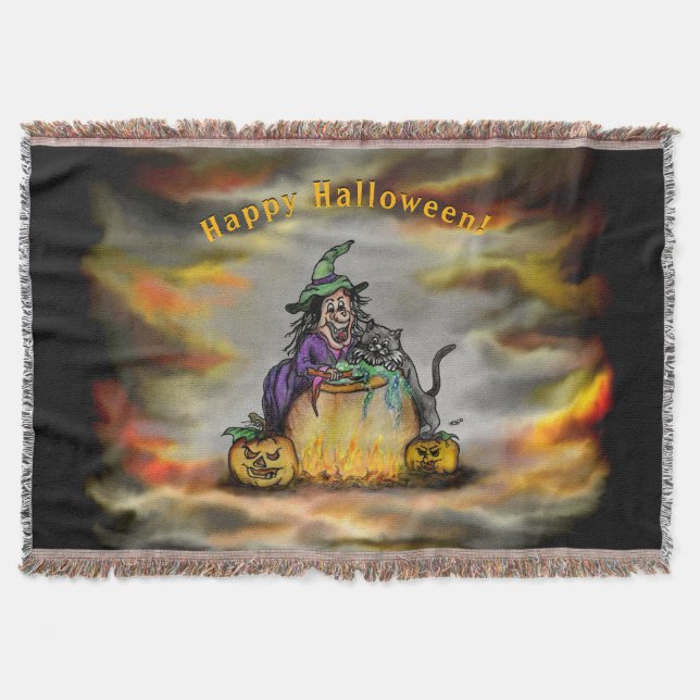Witch and black Cat, Happy Halloween! Throw Blanket (Front)