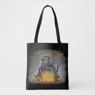 Witch and black Cat, Happy Halloween! Tote Bag