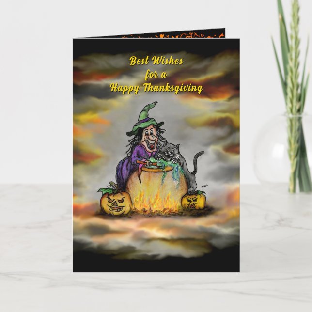 Witch and black Cat , Happy Thanksgiving Card (Front)