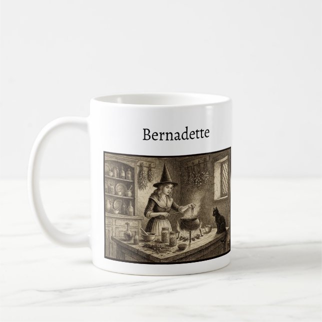 Witch and Black Cat making potion Custom Name Coffee Mug (Left)