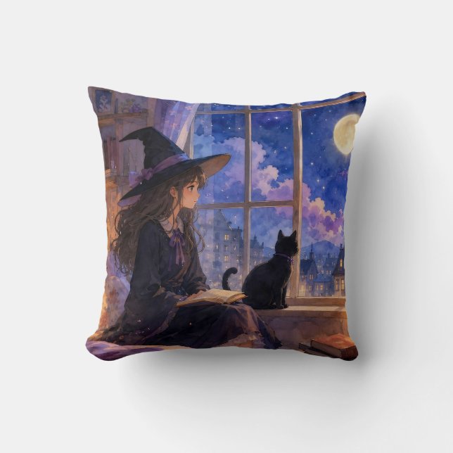 Witch and Black Cat Moonlight Reading Throw Pillow (Front)